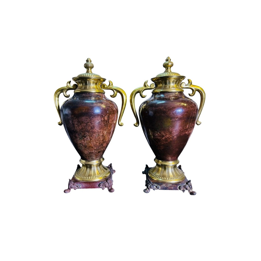 Pair Large Decorative Urn Pair Old World Neoclassical Mantel Decor Luxury Ranch